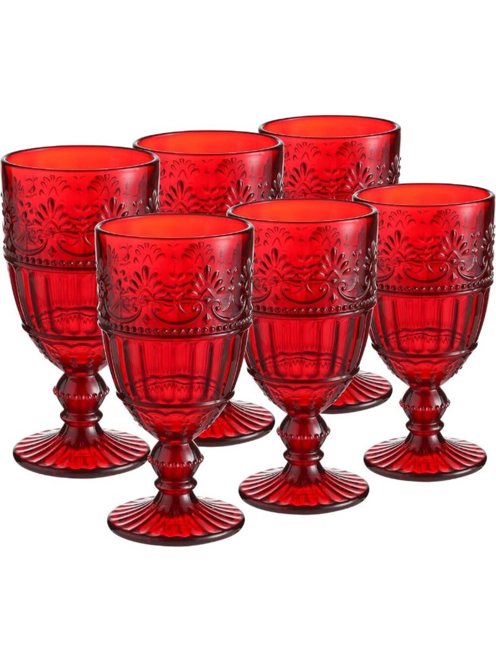 Vintage Red Embossed Goblet Glasses Set of 6 | 11 oz Heavy Glassware for Holiday